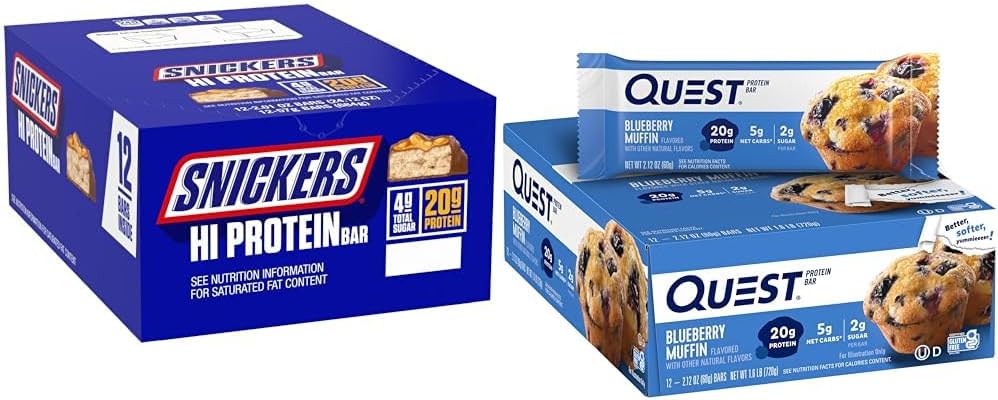 SNICKERS Hi Protein Peanut Caramel Bares 24.12oz Caja 12 Cuenta &amp; Quest Blueberry Muffin Protein Bares 12 Cuenta