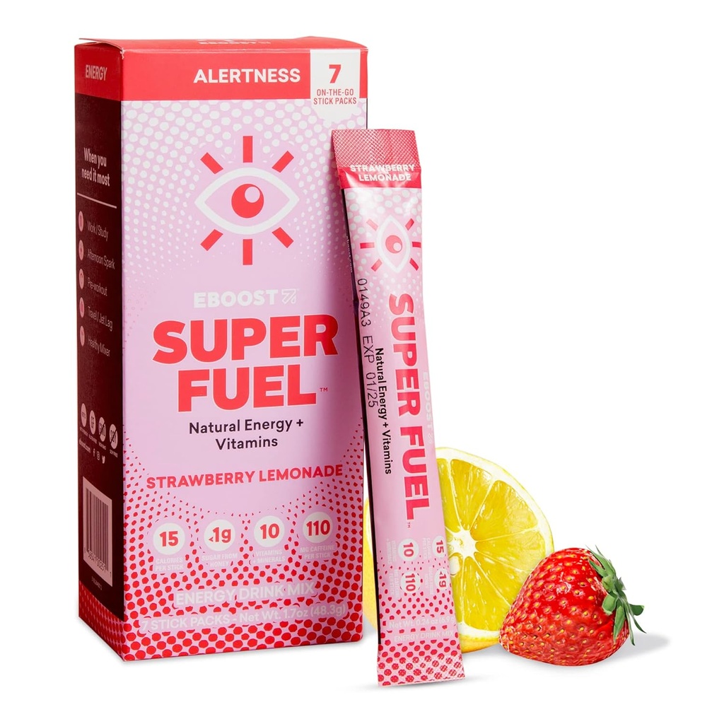EBOOST Energy Drink Powder, Super Fuel - Strawberry Lemonade, 7 Packets - Pre-Workout Powder Energy Drink Mix - Natural Energy, L-Tyrosine, L-Theanine & Vitamins - Preworkout for Women &amp; Men to Go