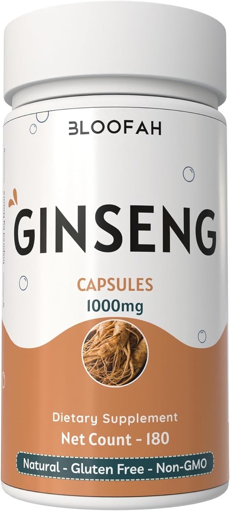 Ginseng Capsules 1000mg Powder ← Panax Ginseng Herbal Suplemento Silencio Natural, No GMO, Libre de gluten para el bienestar diario (180 Conde (Pack of 1))