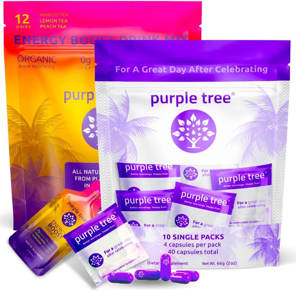 morado árbol Celebration Recovery + Next Day Energy Stick Packets Silencio 10 to-Go Party Bag Kits ← Mejores mañanas, Boost natural, Hidratación rápida, Happy Liver TEN Bachelorette, Bodas, Travel Essentials