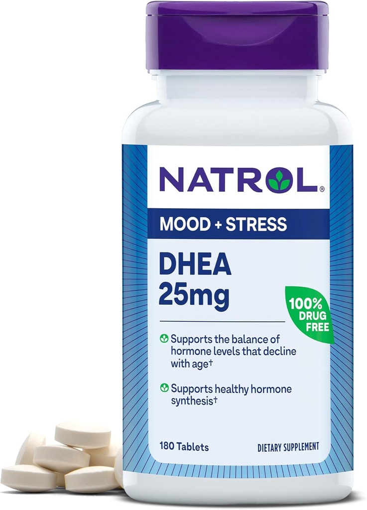 Natrol Mood & Stress DHEA 25mg with Calcium, Dietary Supplement for Balance of Certain Hormone Level and Mood Support, 180 Tablets, 180 Day Supply