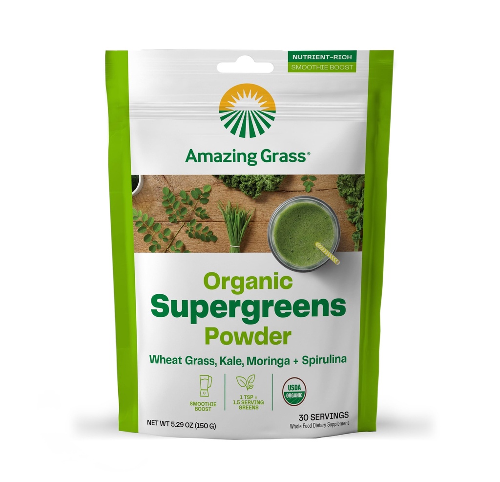 Increíble Grass Super Greens Booster: Verdes Powder Smoothie Mix con Spirulina, Moringa, Wheat Grass & Kale Smoothie Booster, Chlorophyll Proveyendo Verdes, 30 Serviciones
