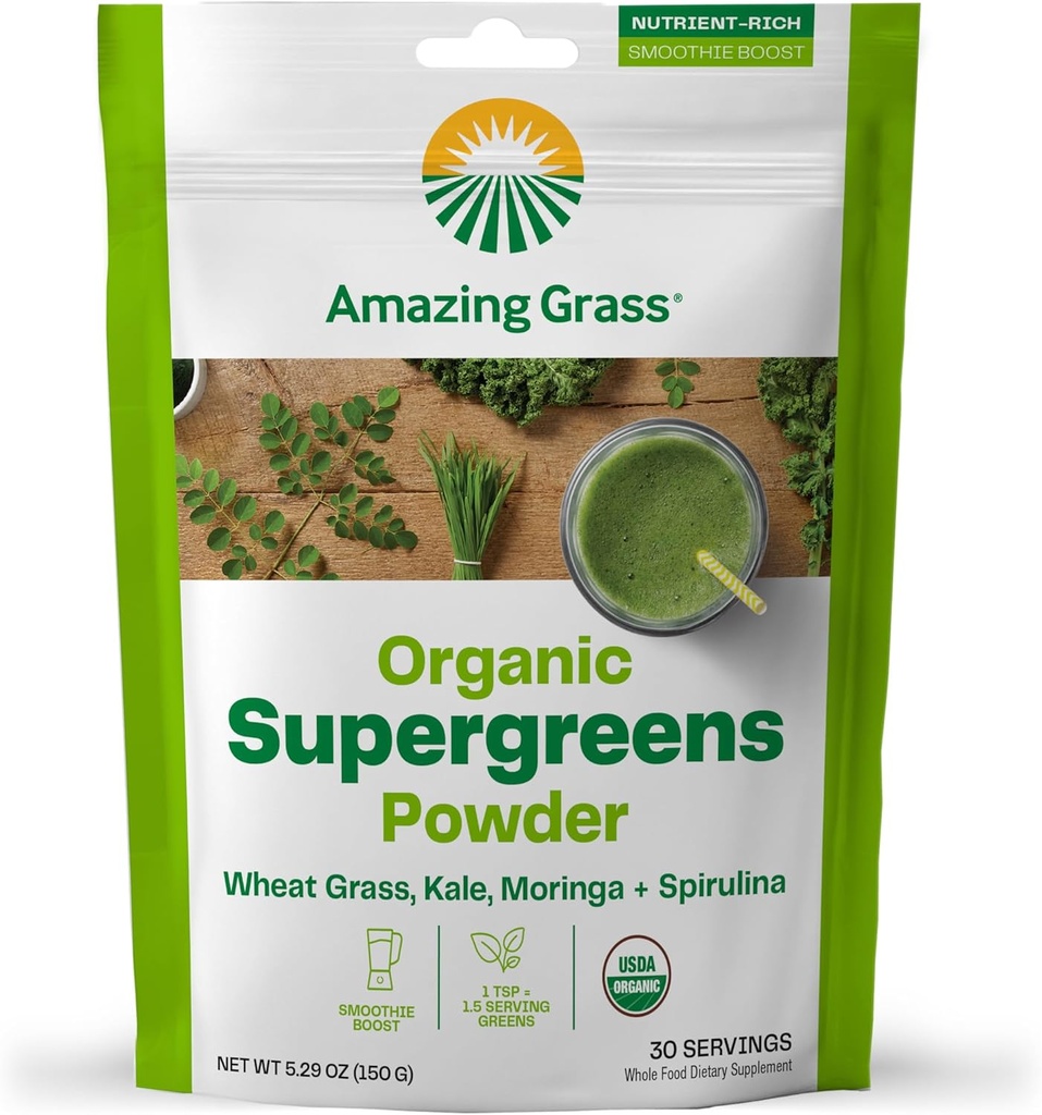 Increíble Grass Super Greens Booster: Verdes Powder Smoothie Mix con Spirulina, Moringa, Wheat Grass & Kale Smoothie Booster, Chlorophyll Proveyendo Verdes, 30 Serviciones