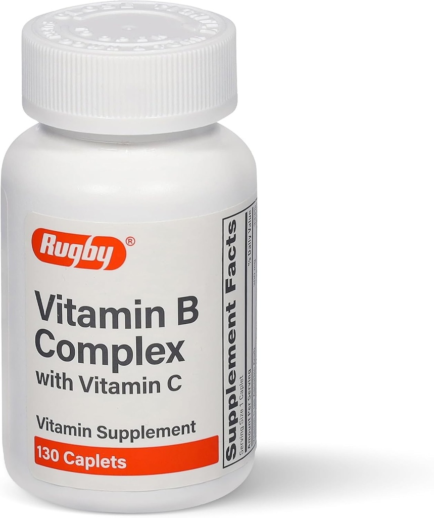 Complejo de vitamina B de Rugby con vitamina C - Complejo de vitaminas B libre de gluten para la energía, el metabolismo, el nervio y el soporte inmunológico, 130 cápsulas