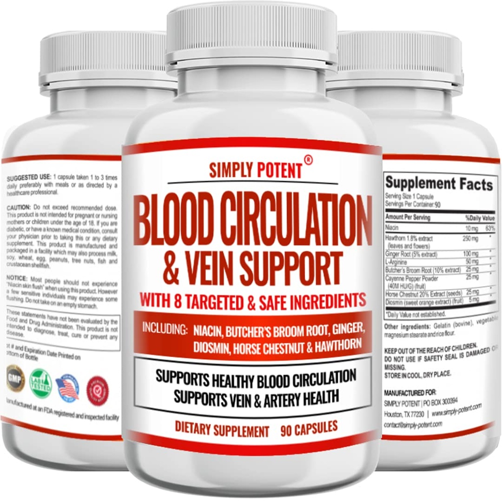 Circulación sanguínea " Suplemento de soporte veinoso, 90 caps, ayuda con venas araña y varicela, apoya vasos, leg y salud cardiovascular con niacina, jengibre, pimienta cayena