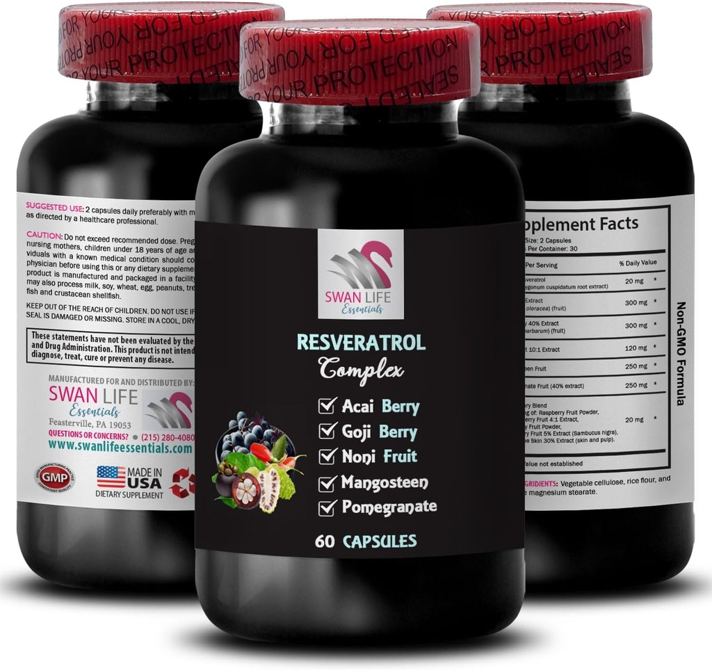 Complejo de polifenol - RESVERATROL COMLEX - Soporte diario, Boost de piel de uva, Potencia de Berry, fuerza de arándano, extractos naturales, apoyo energético, bosto de granada, fruta entera 1 botella 60 cápsulas