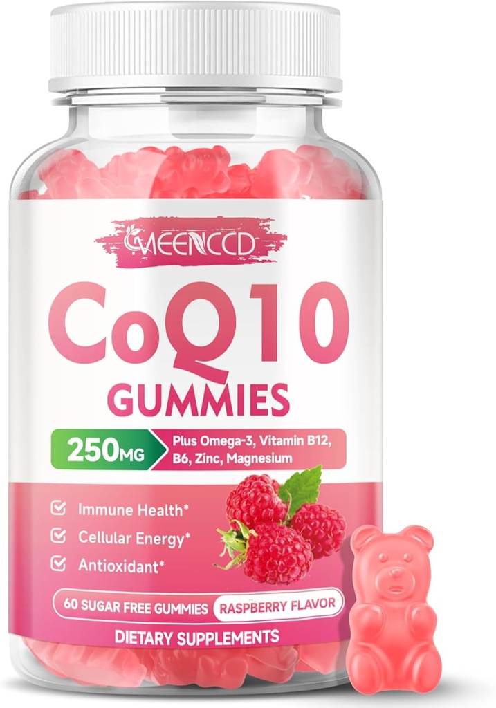 CoQ10 sin azúcar 250 mg, Coenzima Q10 Suplementos Plus Omega-3, Vitamina B6 &amp; Zinc, Alta Absorción CoQ10 Suplemento para Energía Celular y Apoyo Antioxidante, Raspberry Flavor, Vegan 60Cts