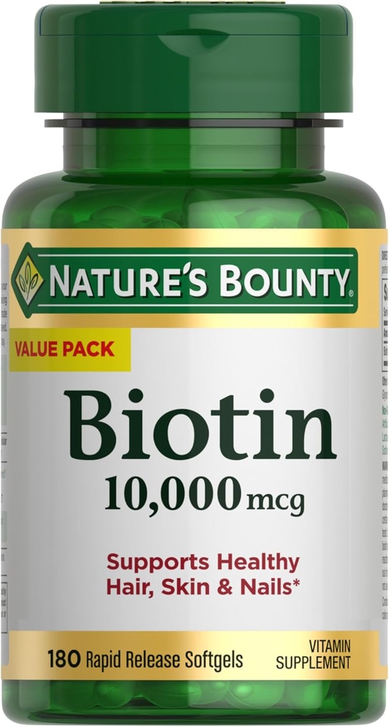La belleza de la naturaleza Biotina Piel y uñas Vitaminas, soporta el cabello saludable, la piel y las uñas, 10.000 mcg, Rapid Release Softgels, 180 Ct