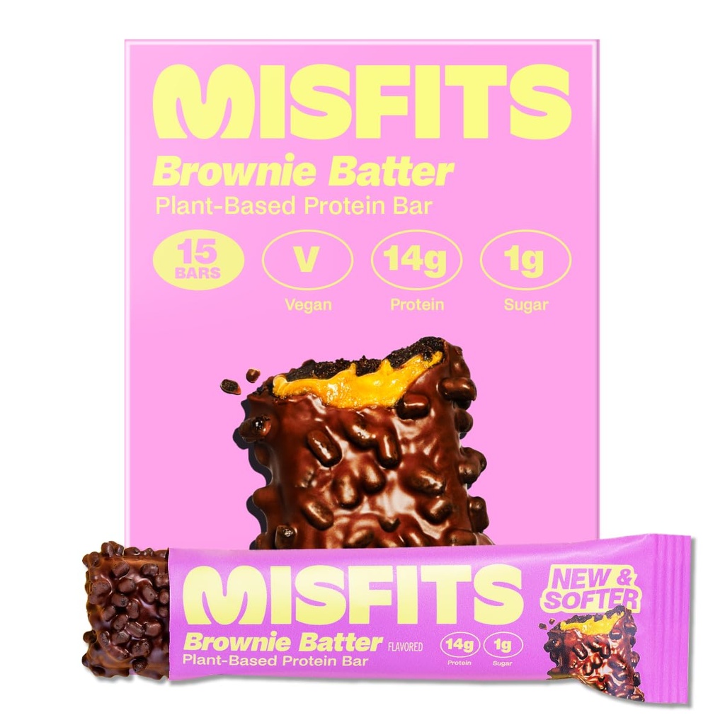 Misfits Vegan Protein Bares, Brownie Batter - Actualizado Recipe ¦ Plant Based, Low Sugar & Carb, High Fiber Snacks ← Pack of 15
