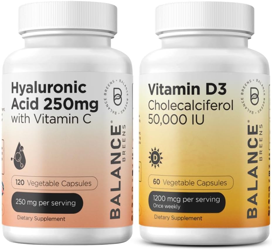 Balancebreens Pure Hyaluronic Acid 250mg with Vitamin C 50mg + Vitamin D3 50,000 IU Supplement Combo
