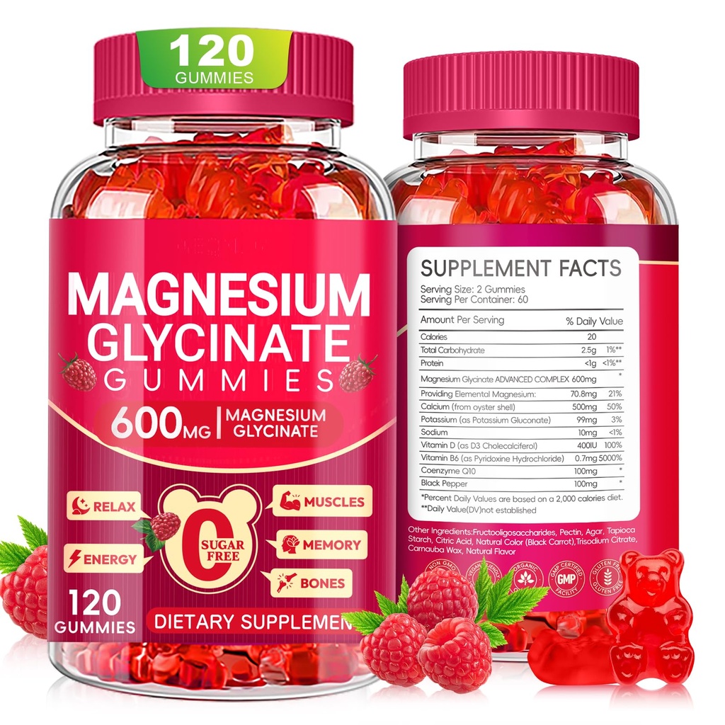 Magnesio Glycinate Gummies 600mg, Azúcar Gummies de Magnesio Libre para Adultos, Suplementos de Potasio Chewable para Apoyo Corporal, Zzz y Relajación, 120 Condes