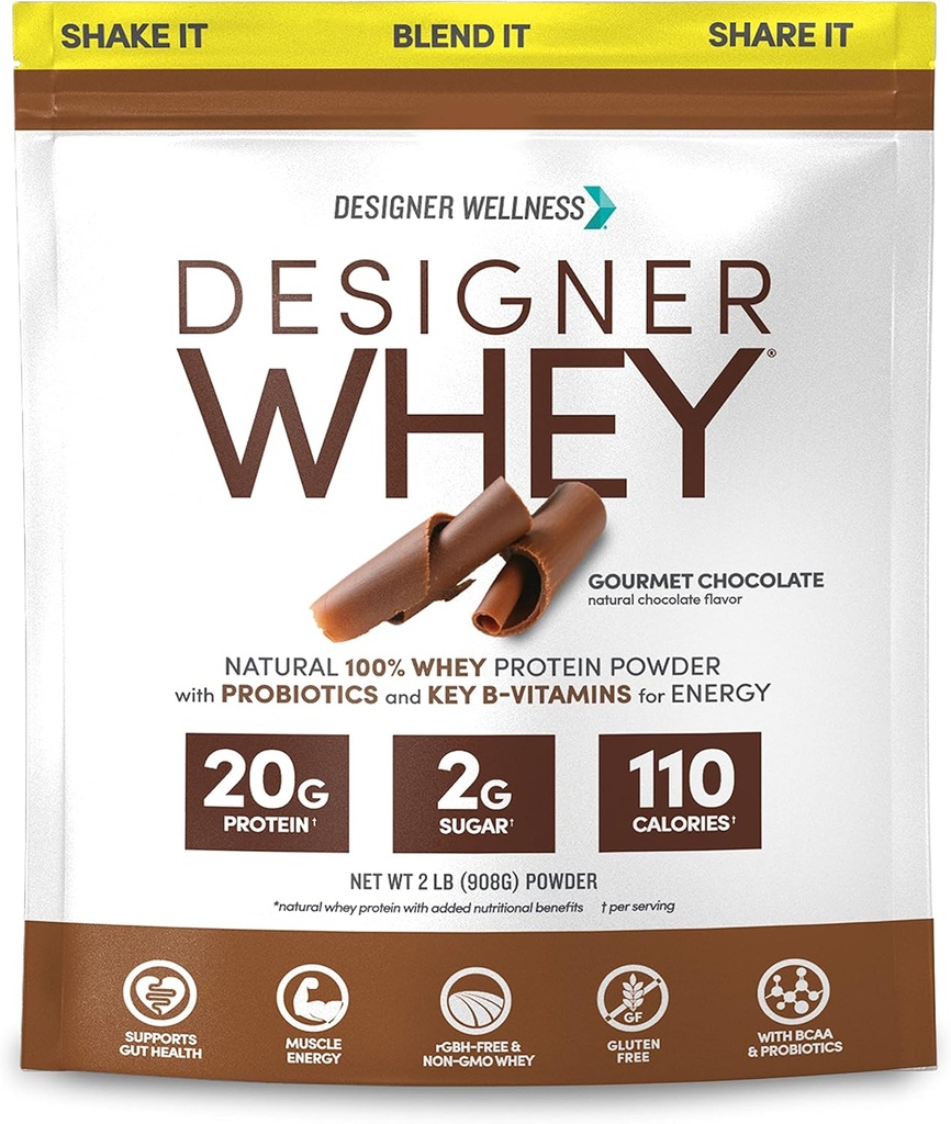 Designer Wellness, Designer Whey, Natural Whey Protein Powder con probióticos, fibra y clave B-Vitamins for Energy, Gluten-Free, Gourmet Chocolate, 2 lb