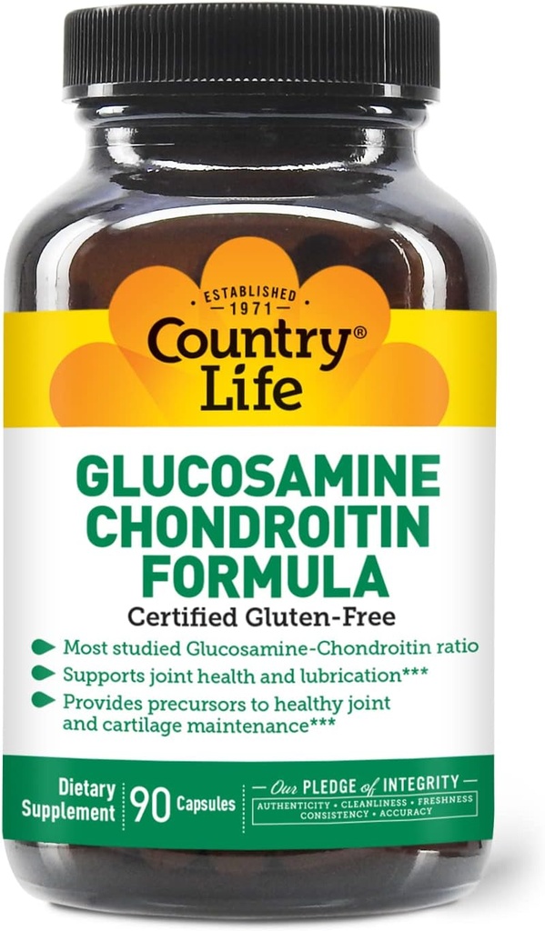 Country Life Glucosamine Chondroitin 1500mg/1200mg - Supports Joint Health & Lubrication - Maintains Healthy Cartilage, Tendon, Joint Tissue - Gluten Free, Non-GMO - 90 cápsulas - para adultos