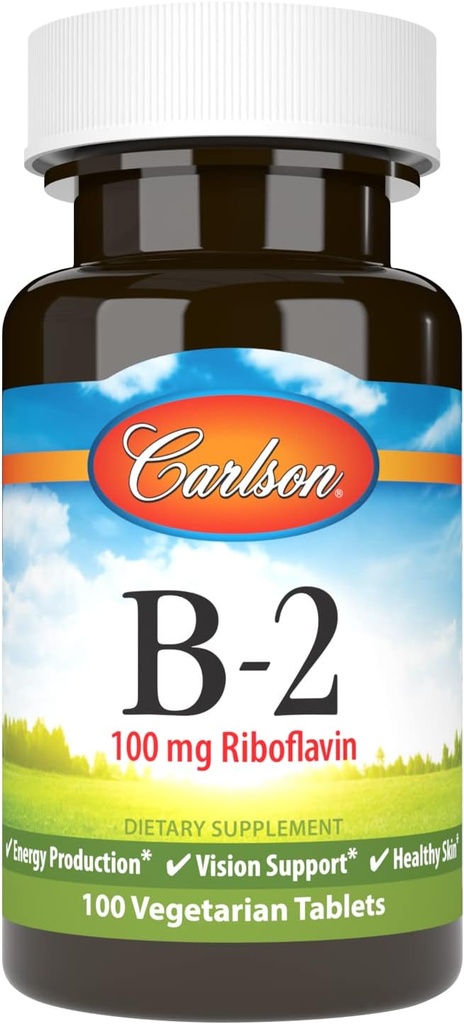 Carlson - B-2, 100 mg Riboflavin, Producción de Energía, Apoyo Visión y Esquí saludable, 100 tabletas vegetarianas
