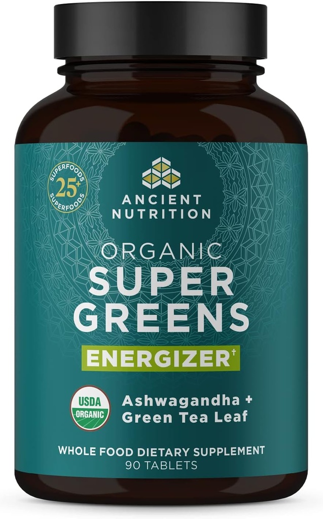 Antigua Nutrición Supergreens Energizer Tablets, Organic Superfood Tablets with Caffeine, Made from Real Fruits, Vegetables and Herbs, for Digestive and Energy Support, 90 Count