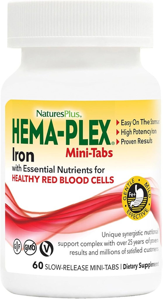 NaturesPlus Hema-Plex Iron - 60 Slow-Release Mini-Tabs - 2 Pack - 85 mg Chelated Iron - Total Blood Health - with Vitamin C & Bioflavonoids - Vegan, Gluten Free - 60 Total Servings