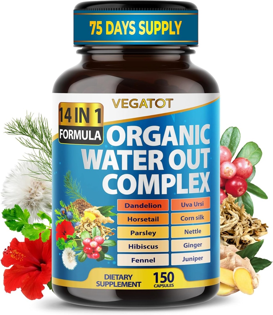 VEGATOT Organic Water Out Complex - 14-in-1 Fórmula - con Dandelion Uva Ursi Horsetail Corn Silk Parsley Nettle Hibiscus Ginger
