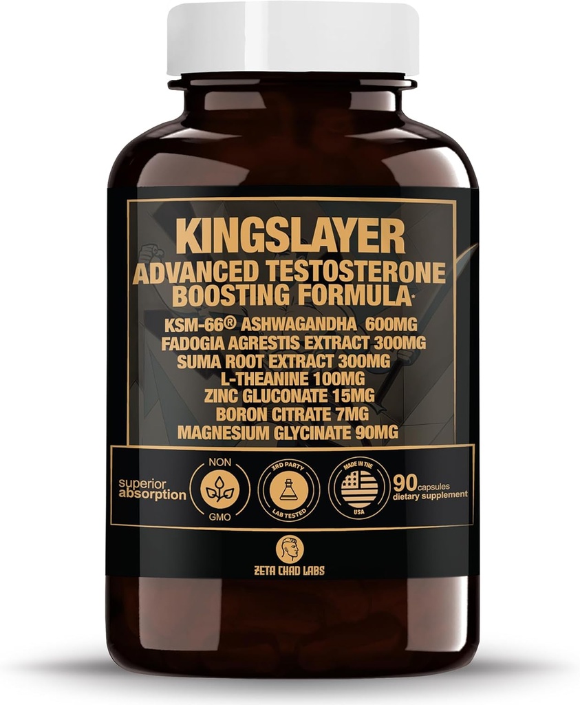 Kingslayer: 7-en-1 Booster de Testosterona para Hombres w/KSM-66, Fadogia, Suma Root, L-Theanine, Zinc, Boron, Magnesium – Muscle, Energy, Libido & Focus