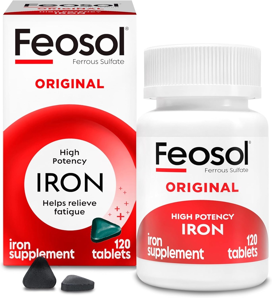Feosol Original Iron Supplement Tablets, Non-heme, 325mg Ferrous Sulfate (65mg Elemental Iron) per Iron Pill, 1 Por día, 120ct, 4 Month Supply, for Energy and Immune System Support, Made in USA