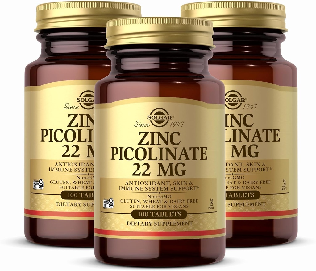 Solgar Zinc Picolinate 22 mg, 100 Tablets (Pack of 3) - Promueve la Esquía Saludable - Soporta el Sistema Inmunitario, Normal Sabor & Visión - Antioxidante - No GMO, Vegan, Gluten Gratis, Kosher - 300 Total Servings
