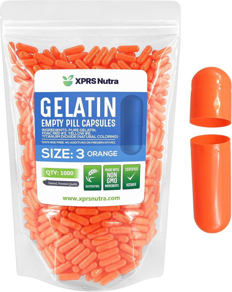 XPRS Nutra Size 3 Empty Capsules - 1000 Conde Empty Gelatin Capsules - Pills DIY Capsule Filling - Pure Bovine Pill Gel Caps Fillable for Do-It-youself Vitamins and Supplements (Orange)