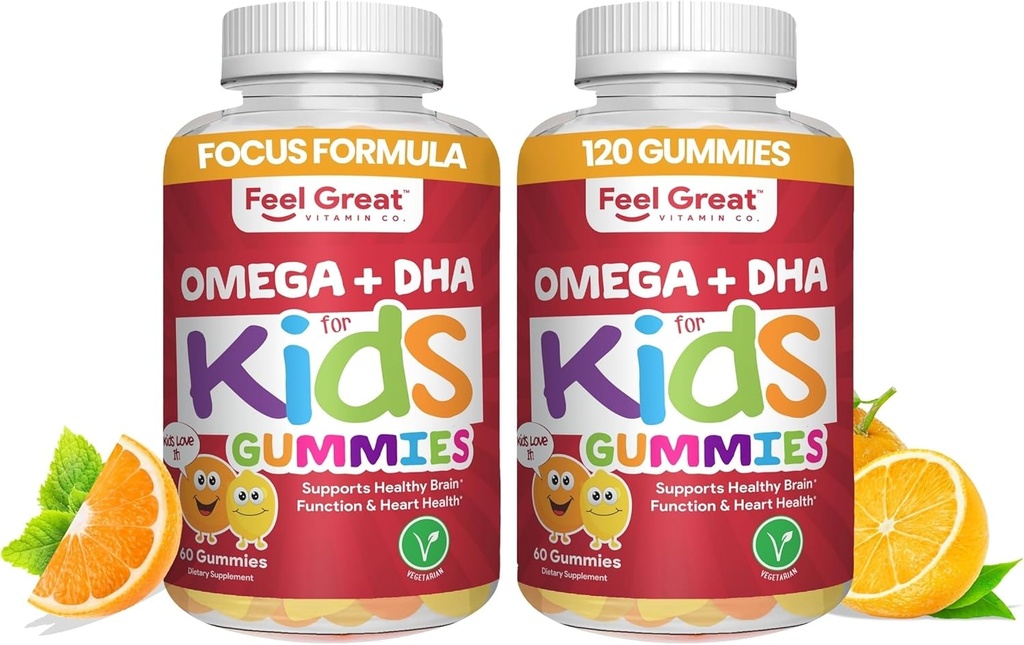 Siente Grandes Vitaminas Niños DHA Gummies con Omega 3 6 9, Vitamina C (2-Pack) Apoyos Saludable Cerebro Funcional, Visión y Salud del Corazón TENIDO Gluten Libre, Vegetariano TEN 60 Gummies