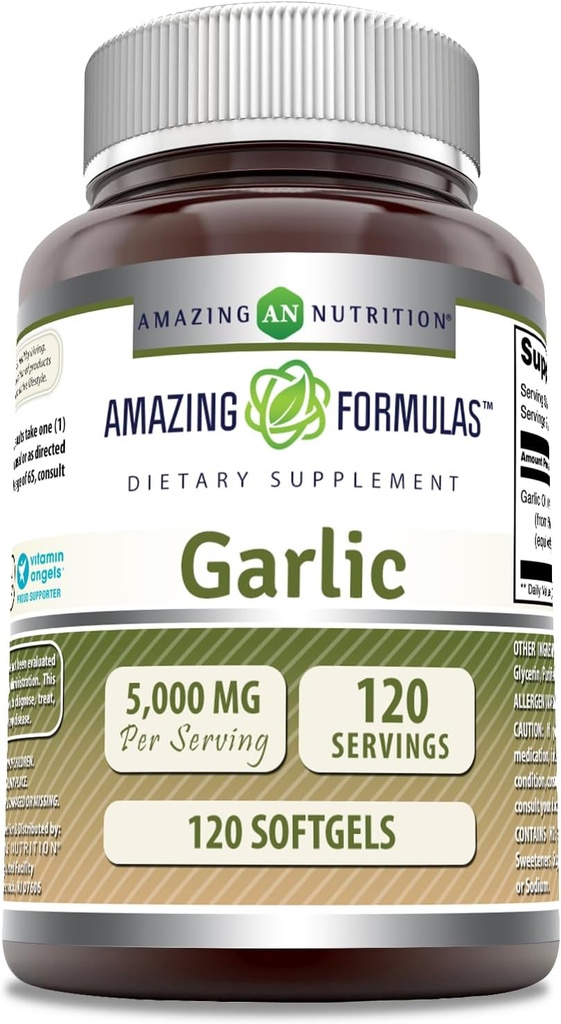 Fórmulas asombrosas Suplemento de ajo TENIDO 50 Mg Concentrate (100:1) TEN 5000 Mg Equivalente TEN 120 Softgels ANTE No-GMO ANTE Gluten-Free TEN Made in USA