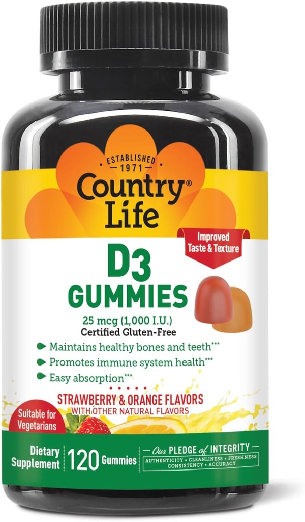 Country Life Strawberry &amp; Orange D3 Gummies, 120 CT