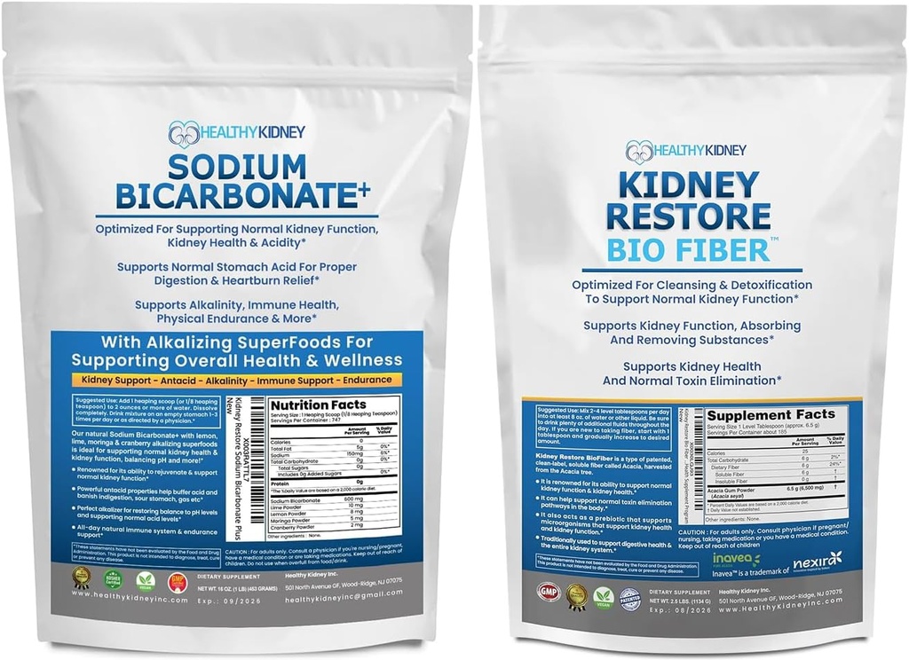 Organic Sodium Bicarbonate Alkaline Supplement 2LB & Bio Fiber Kidney Cleanse Detox 2.5 LBS Bundle – Apoya Kidney Health, Stomach Acid Neutralizer, Alkaline Superfoods, Immune Support Detox & Waste