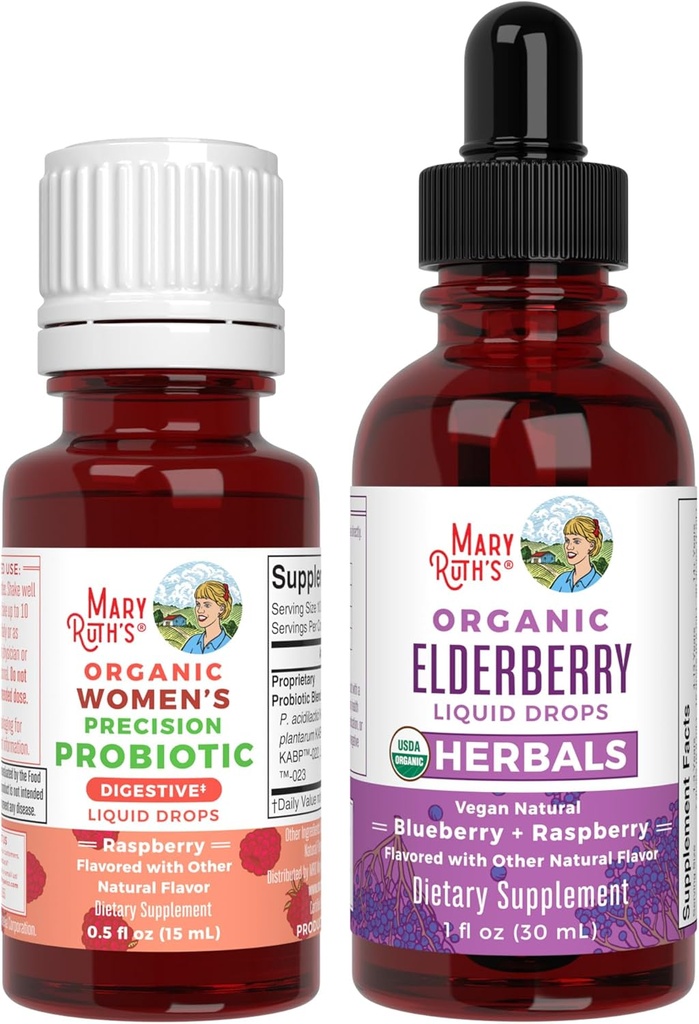 MaryRuth Organics Precision Probiotic for Women (Raspberry) & Elderberry Drops (Blueberry) TEN USDA Organic TEN Vitamins for Gut Health, Immunity, " Global Wellness TEN Vegan, Non-GMO, Gluten Free