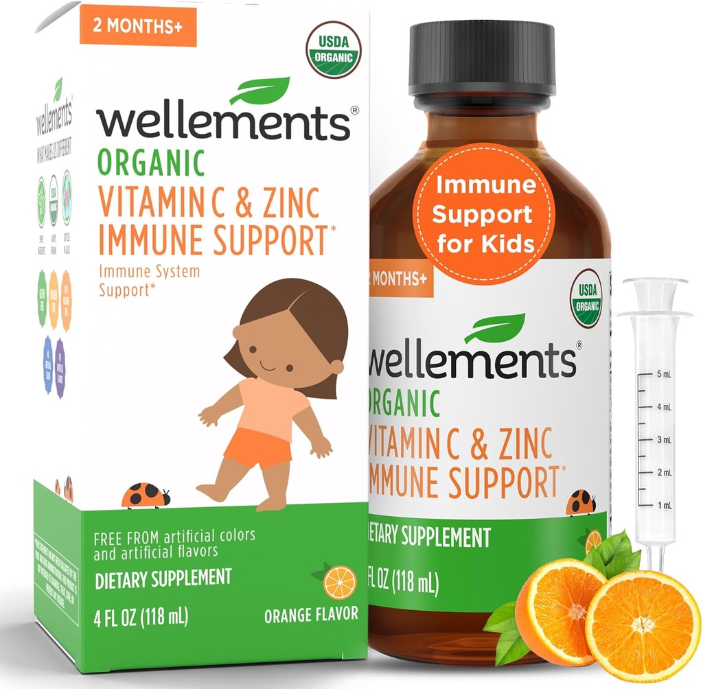 Wellements Organic Vitamin C &amp; Zinc Immune Support* Suplemento para niños 2 Meses+ ¦ USDA Organic, Free from Dyes, Paragons & Top 9 Most Common Allergens, Orange Flavor, (4 Fl Oz)