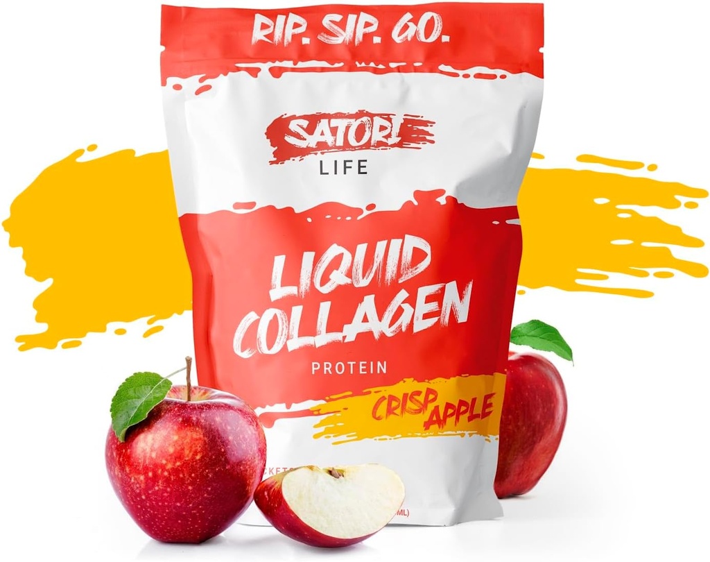 Satori Life - Hydrolyzed Liquid Collagen Protein ← promueve la piel saludable, el cabello, las uñas, el soporte conjunto y los huesos  15g of Protein in 15 Conveniente On The Go Single Serve Pouches (Crisp Apple)