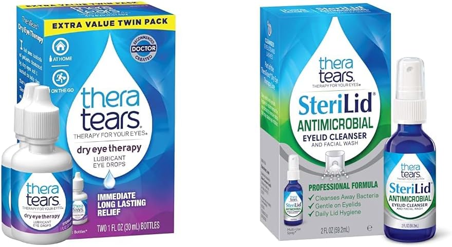 TheraTears Dry Eye Therapy Lubricating Eye Drops for Dry Eyes, 1 fl oz Bottle Twin Pack & SteriLid Eyelid Cleanser and Face Wash, for Irritated Eyes, 2 fl oz Spray