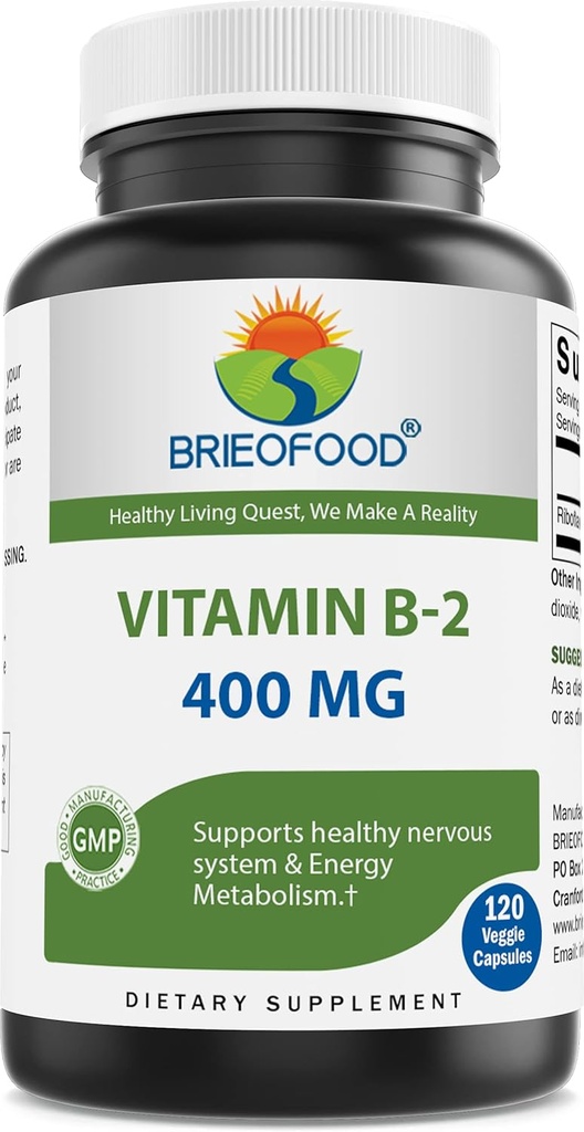 Brieofood Vitamina B2 (Riboflavin) 400mg, 120 Veggie Capsules - Gluten Free, Non-GMO
