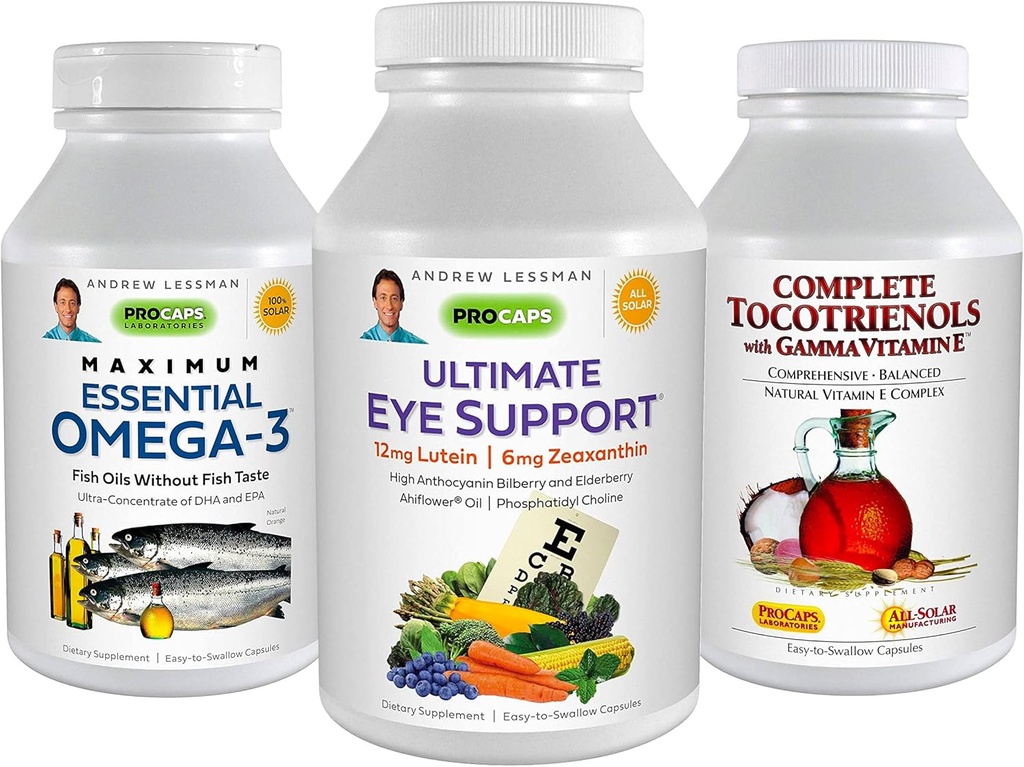 ANDREW LESSMAN 3 Product Eye Health Bundle - 360 Softgels Cada uno de Ultimate Eye Support, Maximum Essential Omega-3 y Tocotrienols completos. Promueve y apoya la salud ocular.