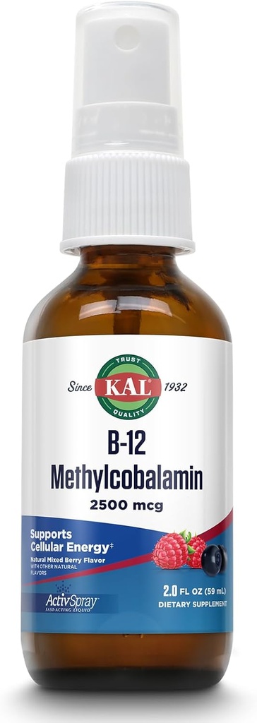 KAL Vitamina B12 Activ MethylcobalaminSpray 2500mcg, Energía sana, metabolismo, Nerve &amp; Red Blood Cell Support,* Fast-Acting Liquid B12, Maximum Absorption, Natural Berry Flavor, 80 Servings, 2 fl oz