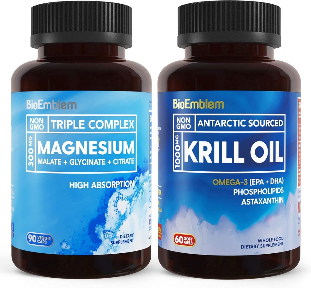 BioEmblem Complejo de magnesio triple y aceite de Krill Antártico, apoya la salud del sueño y del cerebro, el corazón y la salud conjunta, promueve la salud cardiovascular y apoya la relajación