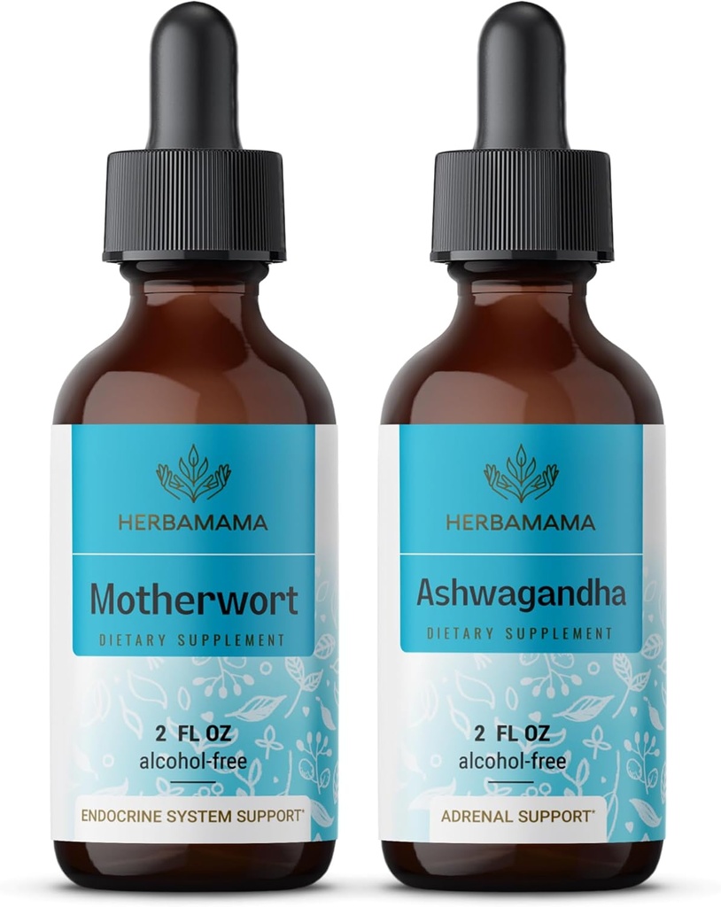 HerBAMAMA Herbal Liquid Drops Kit - Bundle of Motherwort Extract " Ashwagandha Tincture 2 fl oz - Vegan, Non-GMO, Sugar " Alcohol-Free - 2 Pack