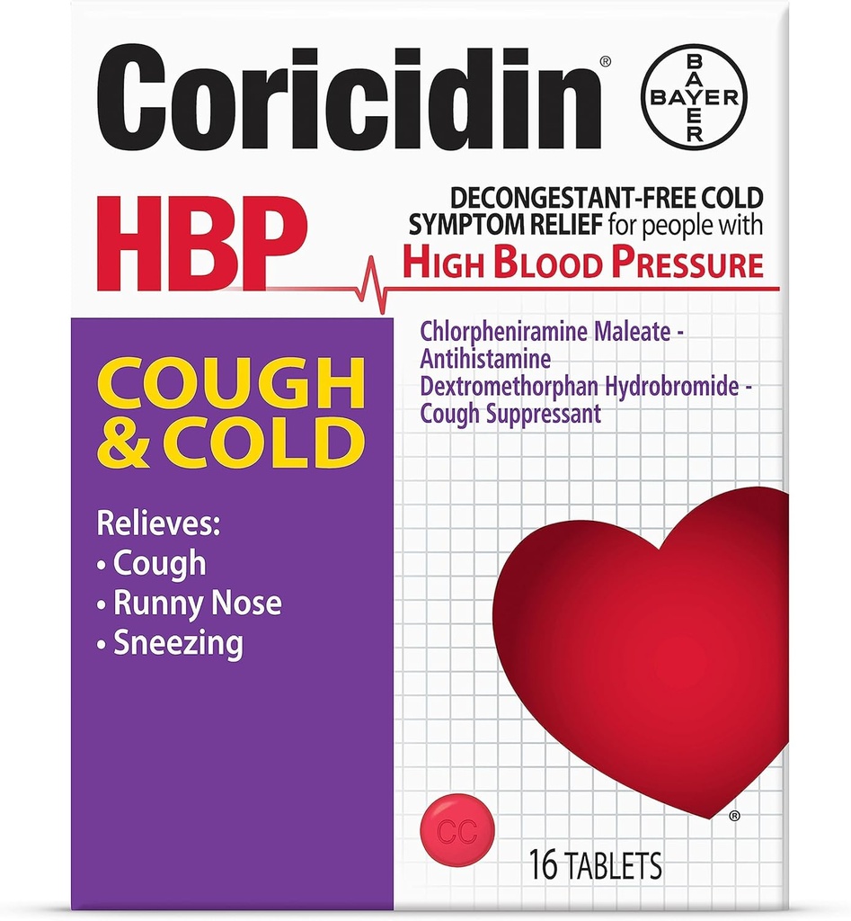 Coricidin HBP Decongestant-Free Cough and Cold Medicine - Specially Designed Relief for High Blood Pressure, Cough, Runny Nose, Sneezing and Cold Symptoms (16 Count)