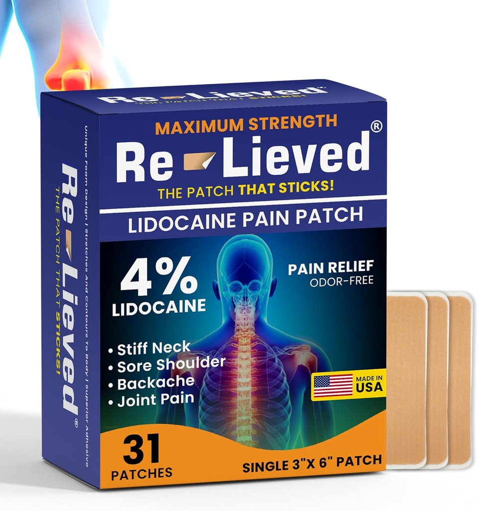 Re-Lieved 4% Lidocaine Patches Maximum Strength - Aluminum-Free, Water Resistant and USA Made -Superior Sticking Pain Relief Patches Quickly Relieves Back, Joints and Muscle Pain-3x6 Inches (31 Count)