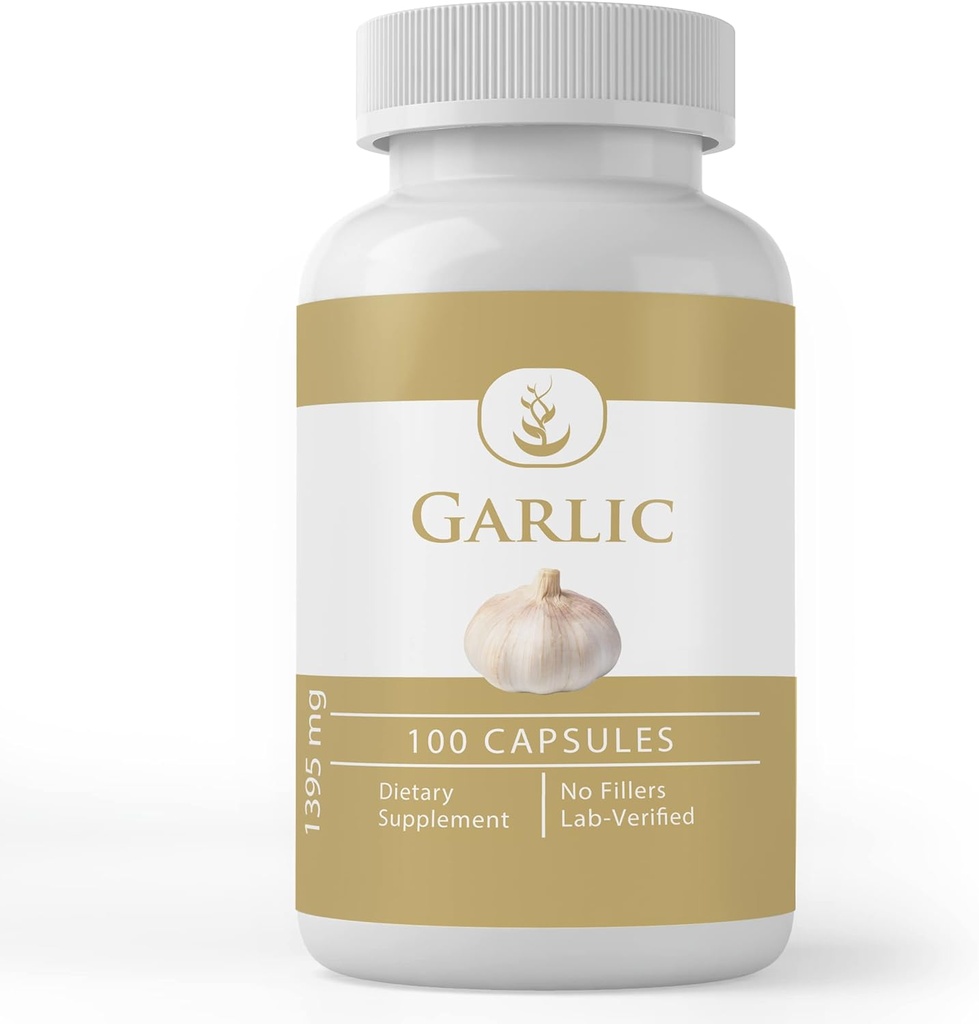 Ingredientes originales puros Cápsulas de ajo, (100 Cápsulas) Siempre Puro, No aditivos o Fillers, Lab Verified