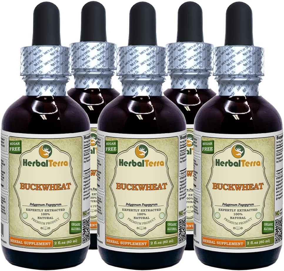 Buckwheat (Polygonum Fagopyrum) Tintura, Hulls secos Extract líquido (Marca: HerbalTerra, Proudly Made in USA) 5x2 fl.oz (5x60 ml)