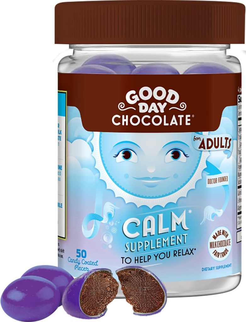 Chocolate de buen día Suplemento de calma natural para adultos, mezcla de camuflaje, teanina, magnesio, comercio justo y chocolate no transgénico, 50 piezas