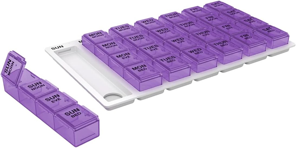 EZY DOSE Caja semanal de píldoras (7 días), Planificador de Medicina, Caja de Organizador de Vitaminas, Compartimientos Media Pop-Out, 4 veces al día, Fácil de usar, Colores May Vary, BPA Gratis