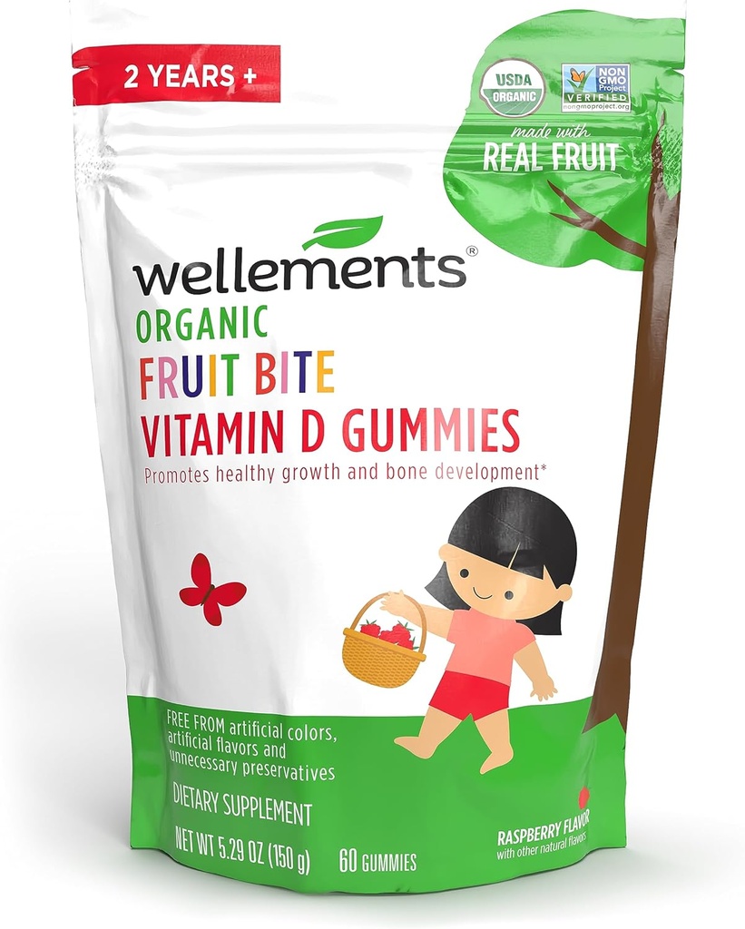 Wellements Organic Fruit Bite Vitamin D Gummies ← Vitamina D3 Gummy for Kids, Suplemento para el crecimiento saludable y desarrollo de los huesos*, Raspberry Flavor tención 60 Day Supply, Ages 2+