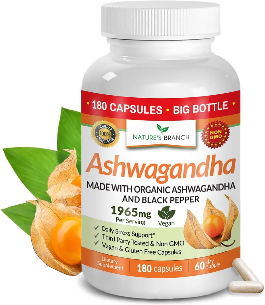 UDAF Verificado Ashwagandha orgánica con Pepper negro - 180 cápsulas - 1965mg fuerza adicional para estrés, sueño, orina, tiroides, enfoque, cabello, pólvora extracto de raíz vegano - Hombres y mujeres suplementos