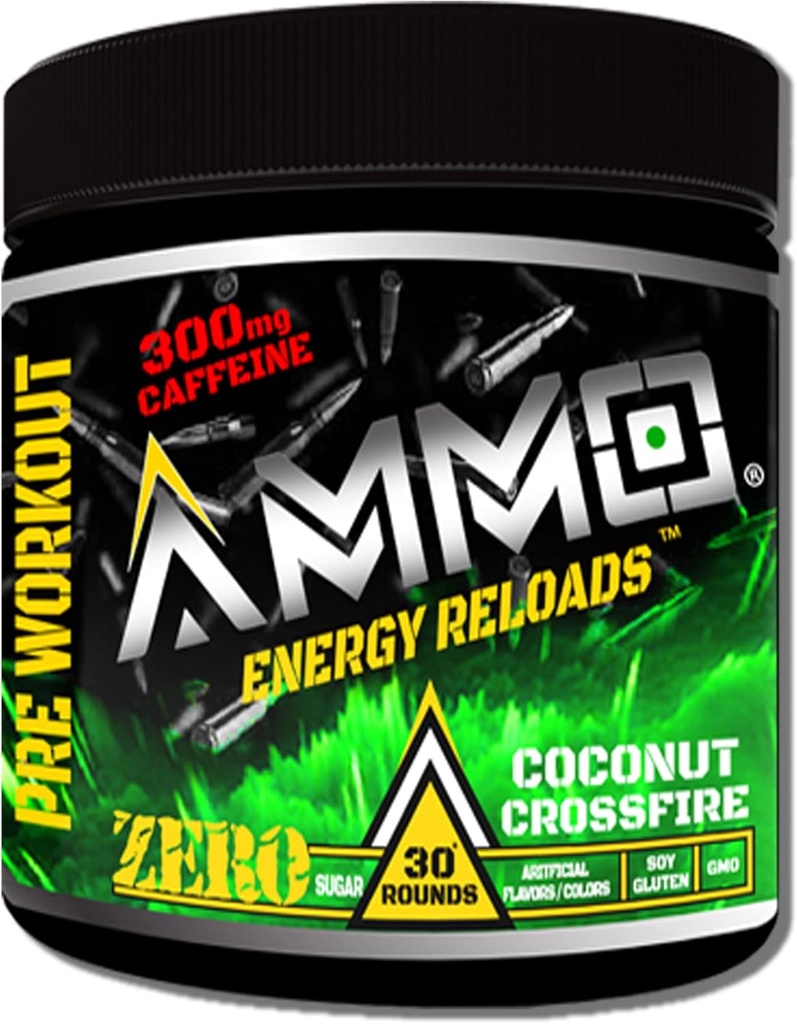 AMMO ® Energy ReloadsTM Pre Workout Powder - 300 mg Caffeine Zero Sugar Vital Aminos y Electrolitos Sin Sabores o Colores Artificiales (Coconut Crossfire)