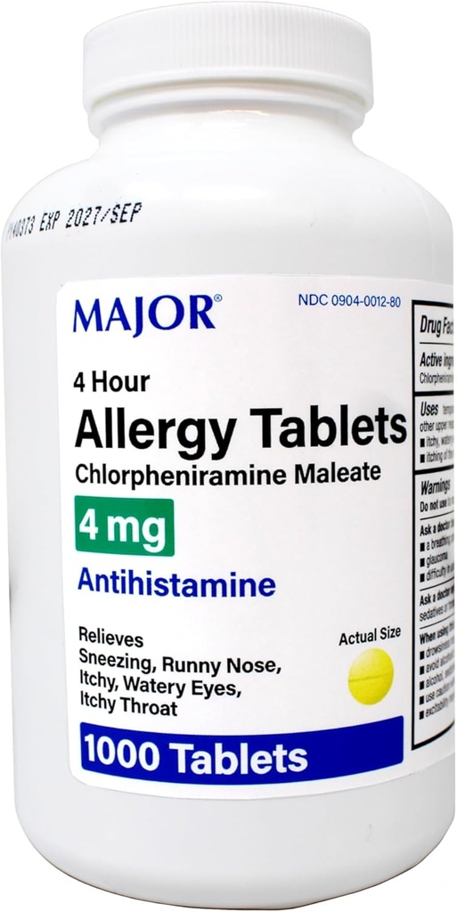 Principales tabletas de alergia, clorfeniramina Maleato 4 mg , Antihistamínico 4 horas, 1000 tabletas