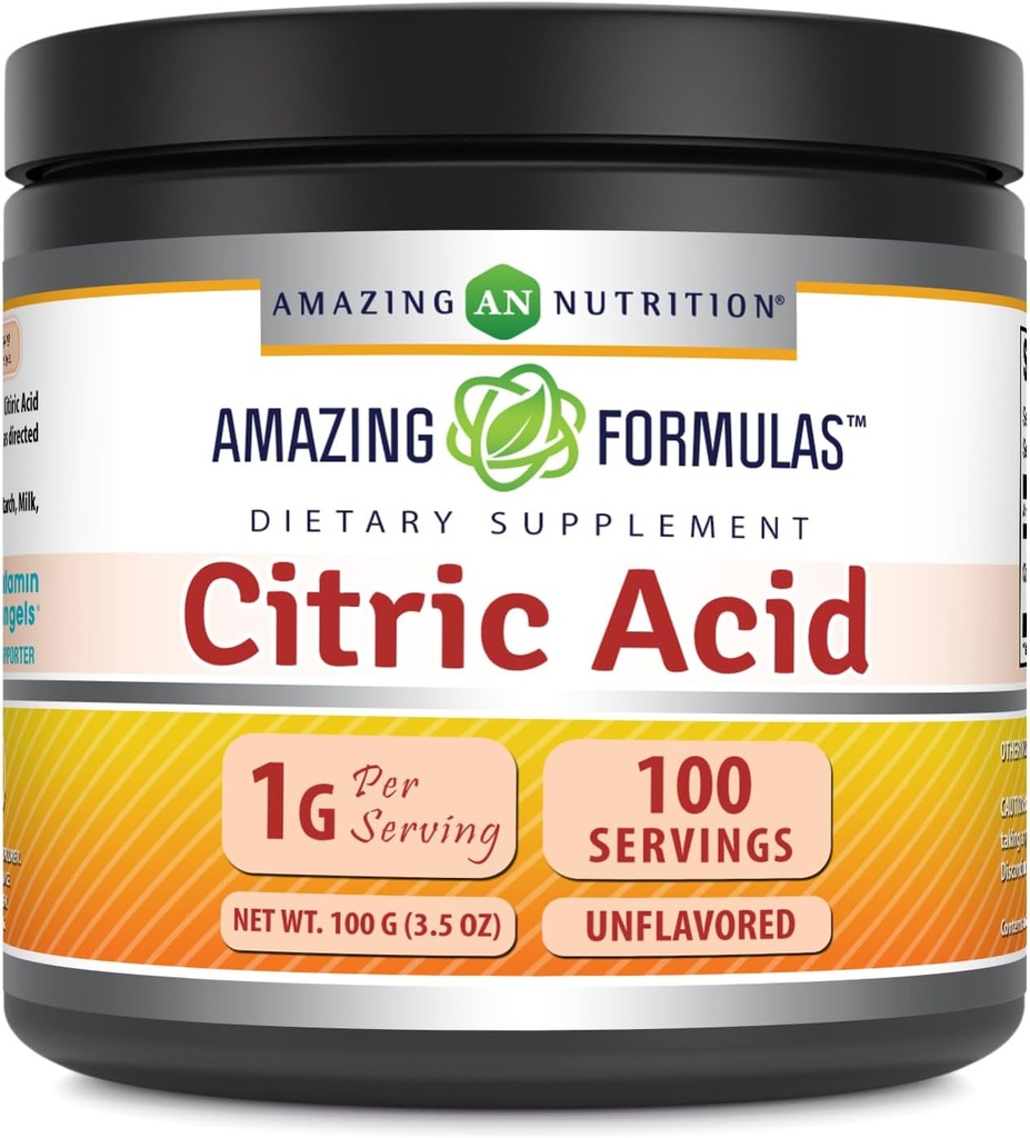 Fórmulas asombrosas Citric Acid Powder Suplemento TENIDO 1 Gram ANTE Desarrollado TENIDO NO Gluten-Free TEN Made in USA (1 Pack, 100 Grams)