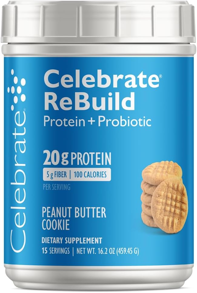Celebrar vitaminas Rebuild pólvora de proteínas con probióticos " Prebióticos - 20g Whey Isolate Proteína, fibra alta, para pacientes de cirugía post-bátrica - PB Cookie (15 Servimientos)